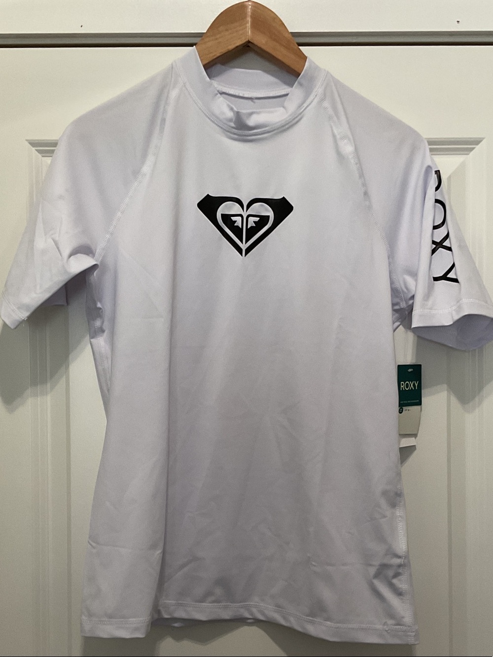 Roxy White Short-Sleeve Women's Rash Guard with Black Logo